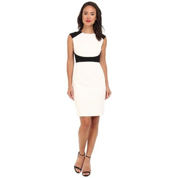 Calvin Klein Black/Off White Lux 2 Tone Sheath Cap Sleeve Size 12 - Picture 1 of 7